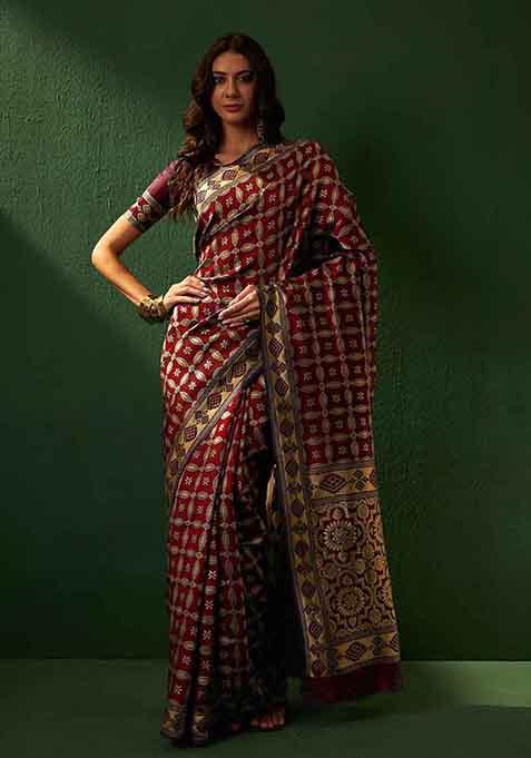 Wine Woven Work Patola Banarasi Silk Saree Set