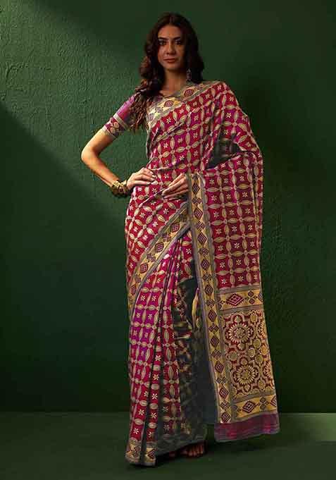 Peach Woven Work Patola Banarasi Silk Saree Set