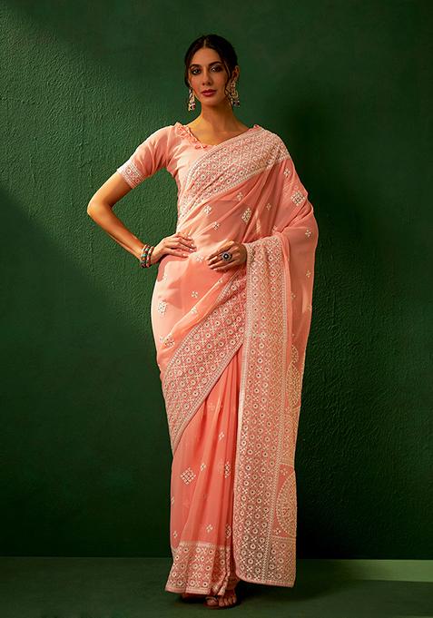 Peach Thread Embroidered Banarasi Silk Saree Set