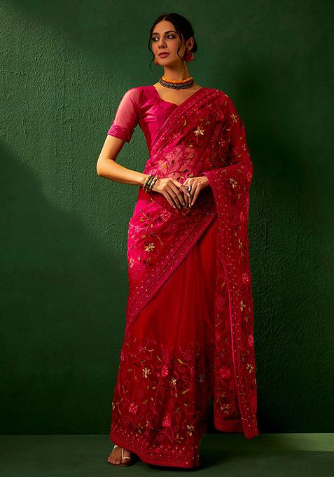 Magenta Embroidered Net Saree Set