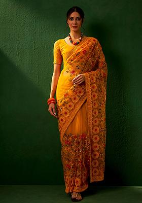 Mustard Embroidered Net Saree Set