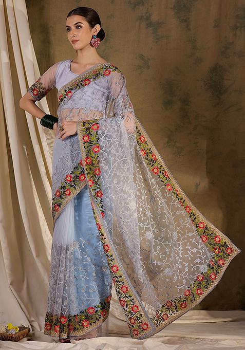 Grey Embroidered Net Saree Set