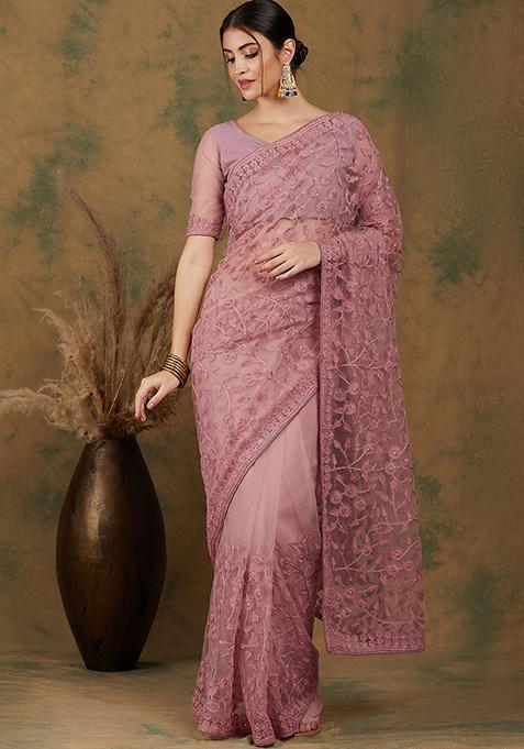 Dusty Pink Jaal Embroidered Net Saree Set