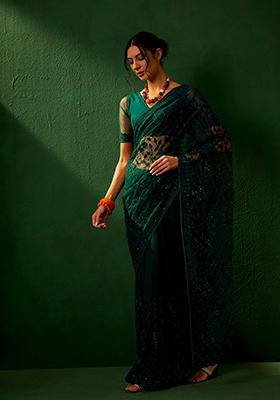 Teal Jaal Work Embroidered Net Saree Set