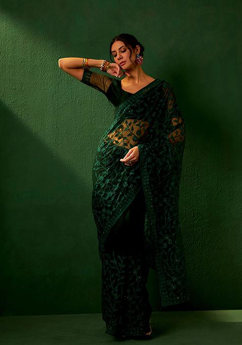 Green Jaal Work Embroidered Net Saree Set