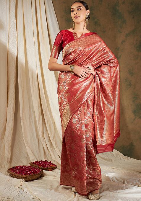 Red Woven Floral Jaal Work Banarasi Silk Saree Set