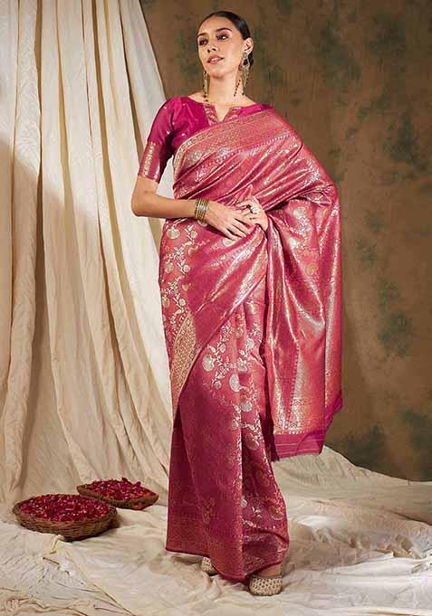 Pink Woven Floral Jaal Work Banarasi Silk Saree Set