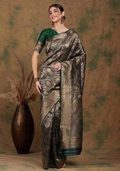 Mehendi Woven Floral Jaal Work Banarasi Silk Saree Set