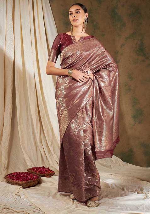 Maroon Floral Jaal Work Banarasi Silk Saree Set