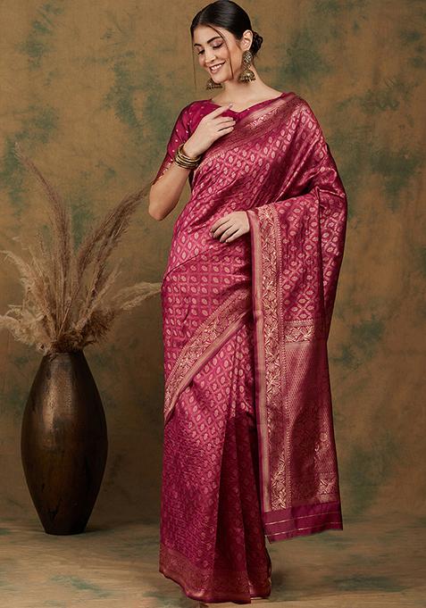 Pink Woven Jaal Work Banarasi Silk Saree Set