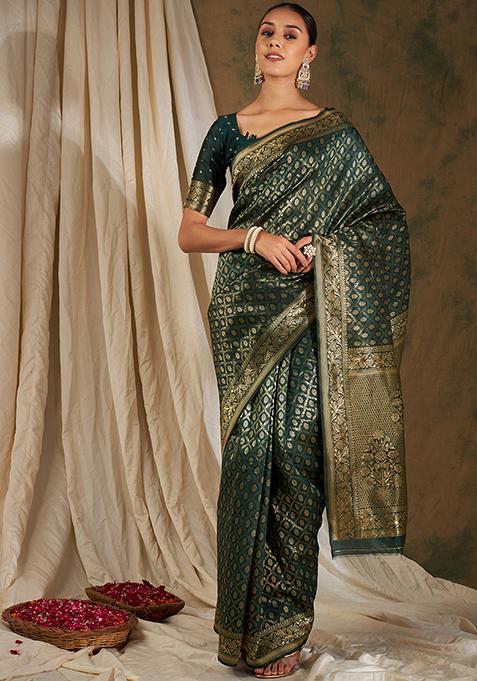 Mehendi Woven Jaal Work Banarasi Silk Saree Set