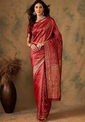 Red Woven Jaal Work Banarasi Silk Saree Set