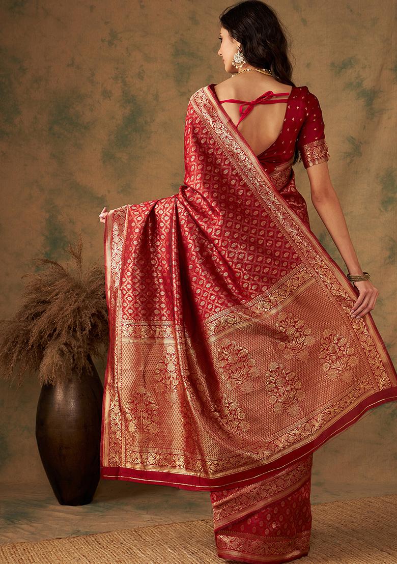 Red Woven Jaal Work Banarasi Silk Saree Set