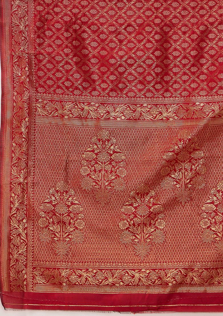 Red Woven Jaal Work Banarasi Silk Saree Set