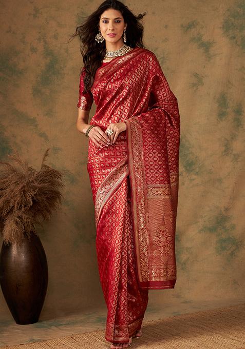 Red Woven Jaal Work Banarasi Silk Saree Set