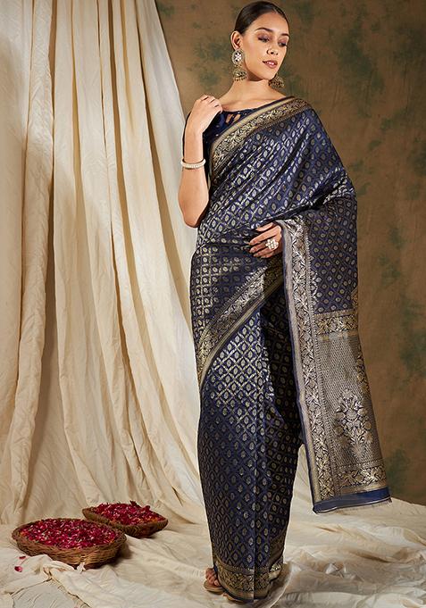 Navy Blue Woven Jaal Work Banarasi Silk Saree Set