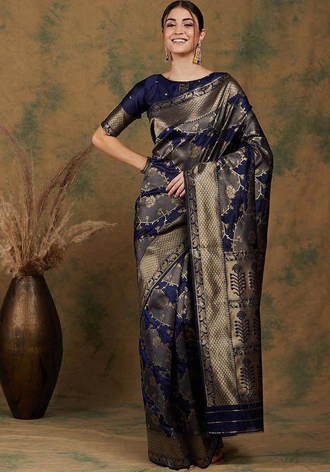 Navy Blue Woven Floral Work Banarasi Silk Saree Set