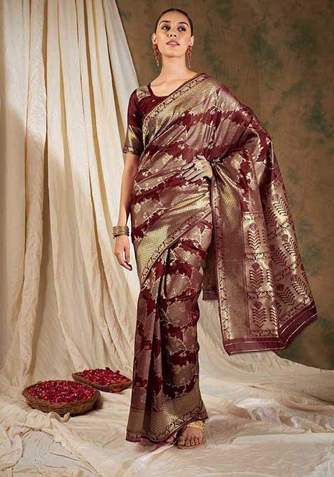 Maroon Woven Floral Work Banarasi Silk Saree Set