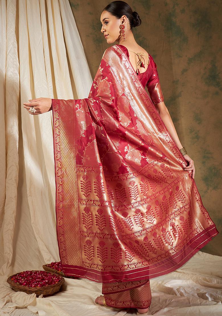 Red Woven Floral Work Banarasi Silk Saree Set