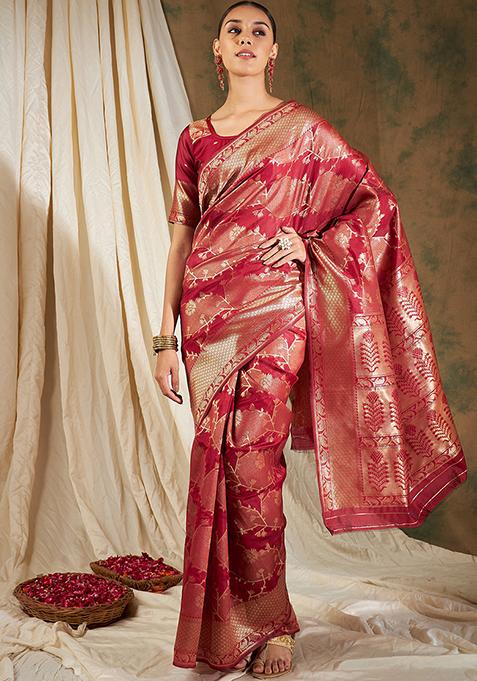 Red Woven Floral Work Banarasi Silk Saree Set