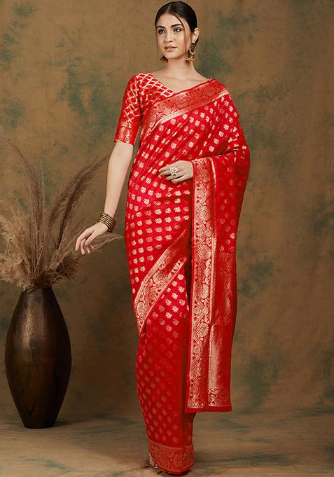 Red Heavy Woven Work Kanjivaram Silk Saree Set