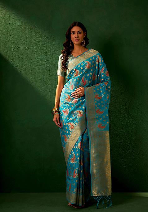 Sky Blue Zari Woven Work Organza Saree Set