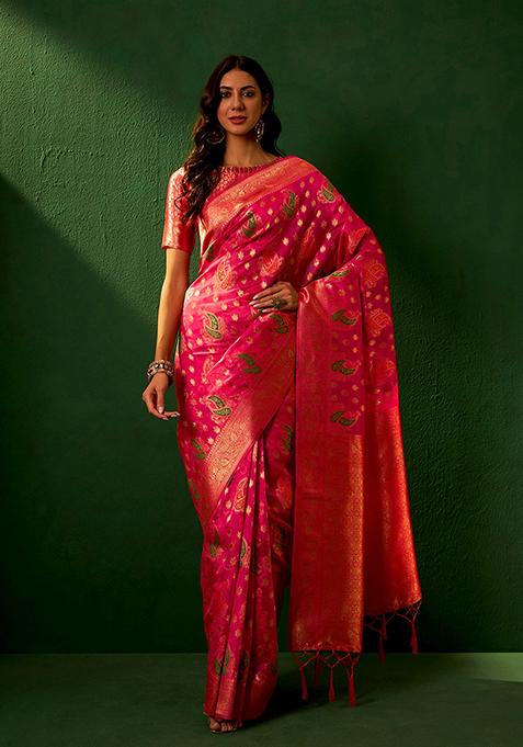 Pink Zari Woven Work Organza Saree Set