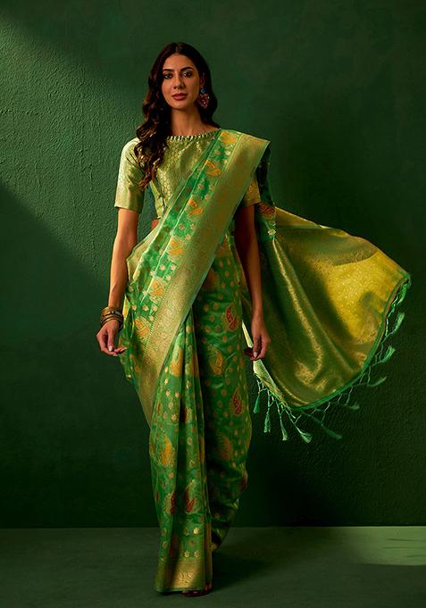 Green Zari Woven Work Organza Saree Set