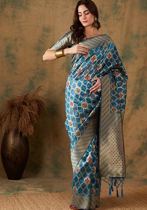 Light Blue Zari Woven Work Organza Saree Set