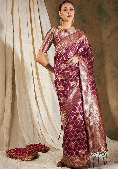 Burgundy Woven Work Organza Saree Set