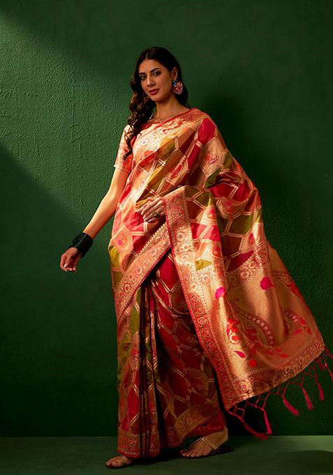 Multicolour Woven Work Organza Jacquard Saree Set