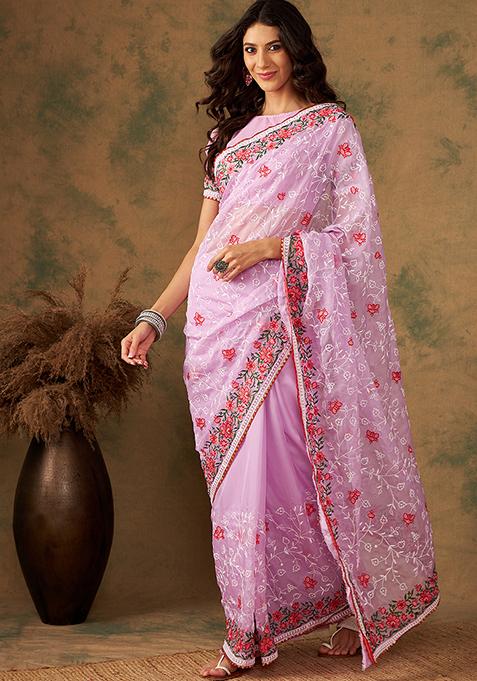 Lavender Embroidered Soft Organza Saree Set