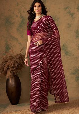 Wine Zari Woven Work Heavy Net Saree Set