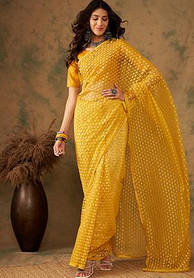 Yellow Zari Woven Work Heavy Net Saree Set