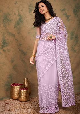 Lavender Embroidered Jaal Work Net Saree Set