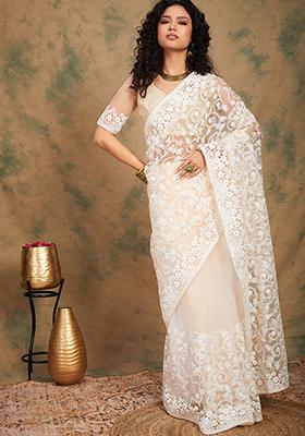 Peach Embroidered Jaal Work Net Saree Set