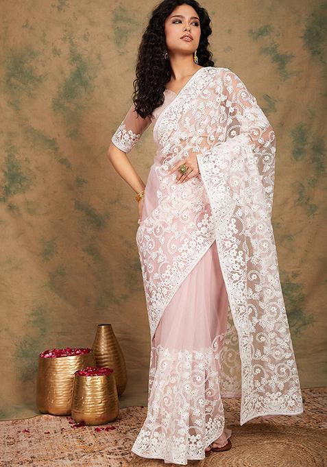 Baby Pink Embroidered Jaal Work Net Saree Set