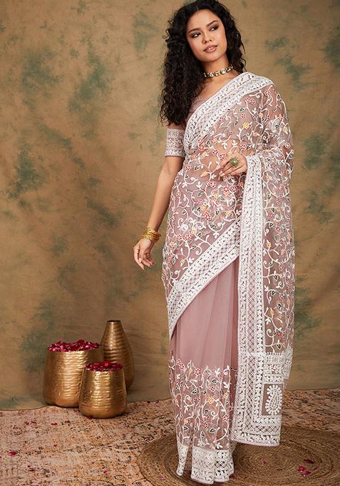 Light Purple Embroidered Jaal Work Net Saree Set