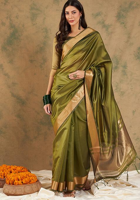 Green Zari Woven Work Cotton Organza Saree Set