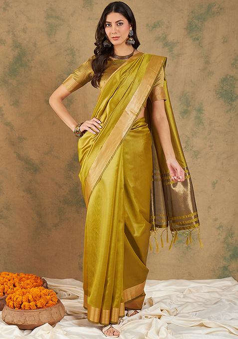 Lime Zari Woven Work Cotton Organza Saree Set