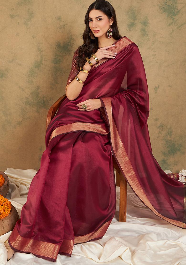 Maroon Zari Woven Work Cotton Organza Saree Set