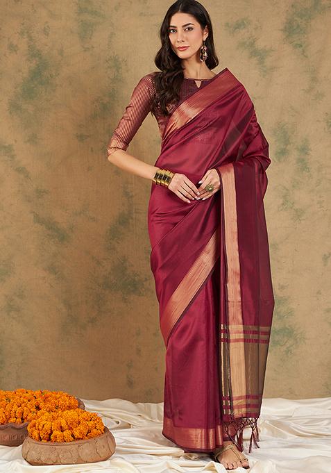 Maroon Zari Woven Work Cotton Organza Saree Set