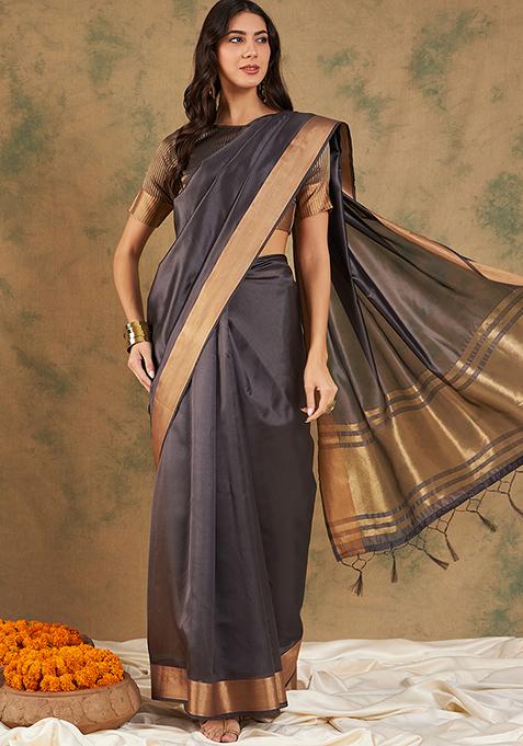 Navy Blue Zari Woven Work Cotton Organza Saree Set