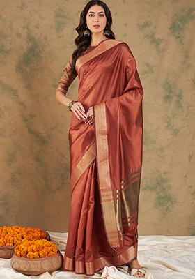 Rust Zari Woven Work Cotton Organza Saree Set