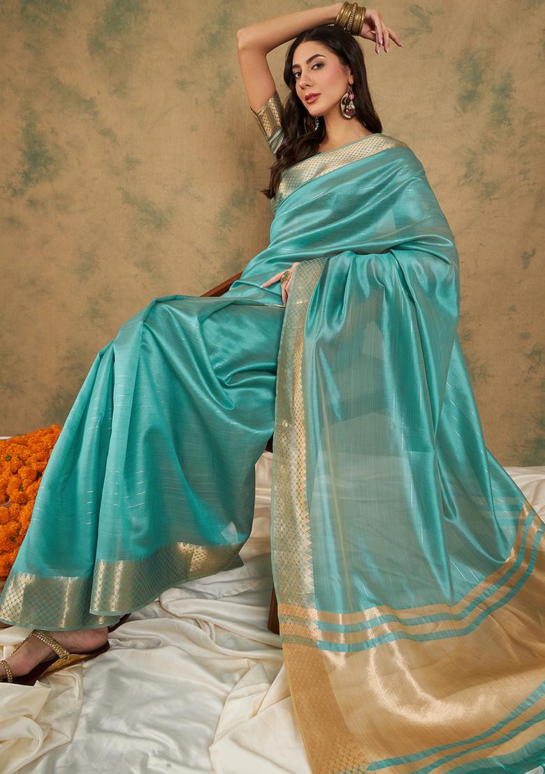Sea Green Zari Woven Work Cotton Organza Saree Set
