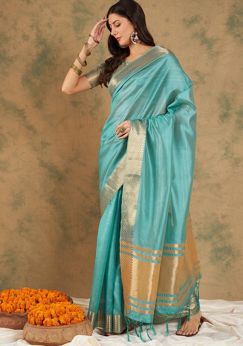 Sea Green Zari Woven Work Cotton Organza Saree Set