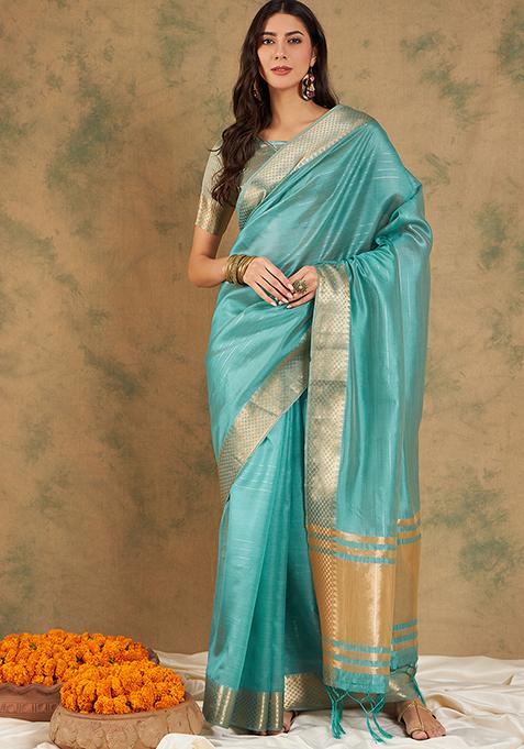 Sea Green Zari Woven Work Cotton Organza Saree Set