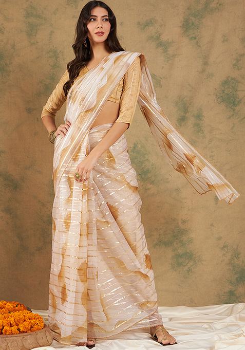 Beige Printed Zari Woven Work Soft Organza Saree Set