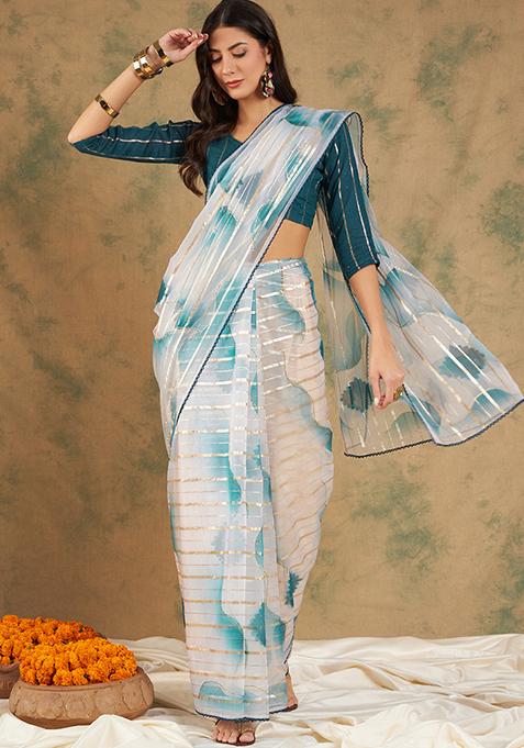 Blue Printed Zari Woven Work Soft Organza Saree Set