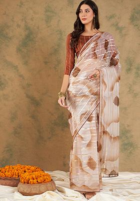 Coffee Printed Zari Woven Work Soft Organza Saree Set
